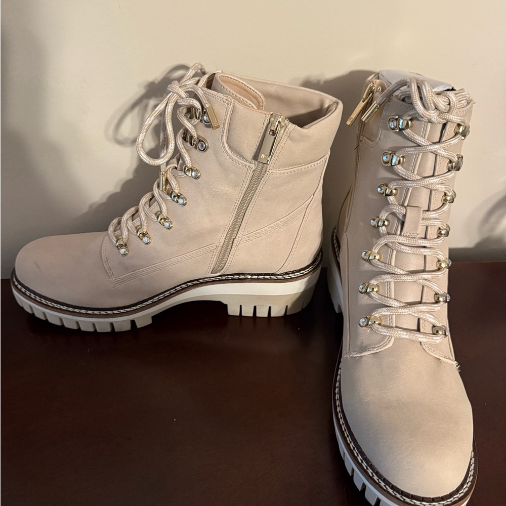 Jennifer Lopez Cream Lace-Up Boots with Chunky Sole
